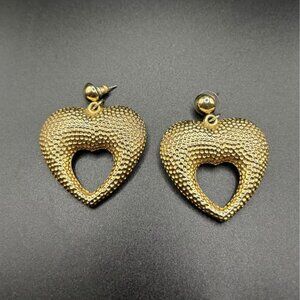 Gold Tone Heart Earrings Vintage Costume Statement 3D Pierced Ears